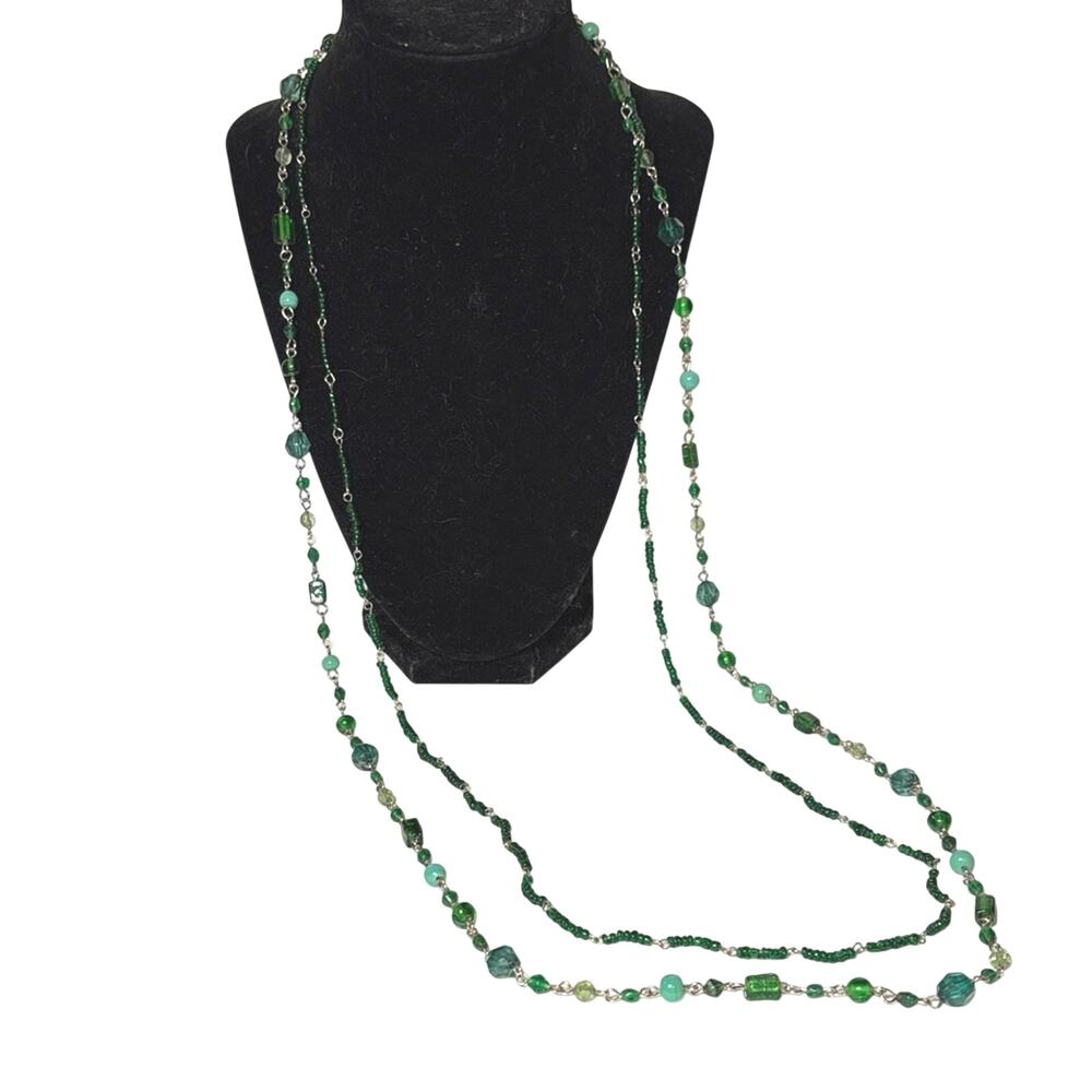 Long Green Beaded Necklace 38” Multi Strand Glass Layering Necklace